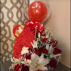 Red Flower and Balloon Arrangement